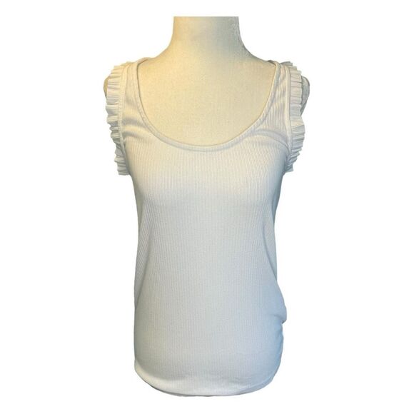 J. Crew Ruffle Shoulder Ribbed Tank Top White Knit Sleeveless Scoop Neck S - Picture 1 of 6